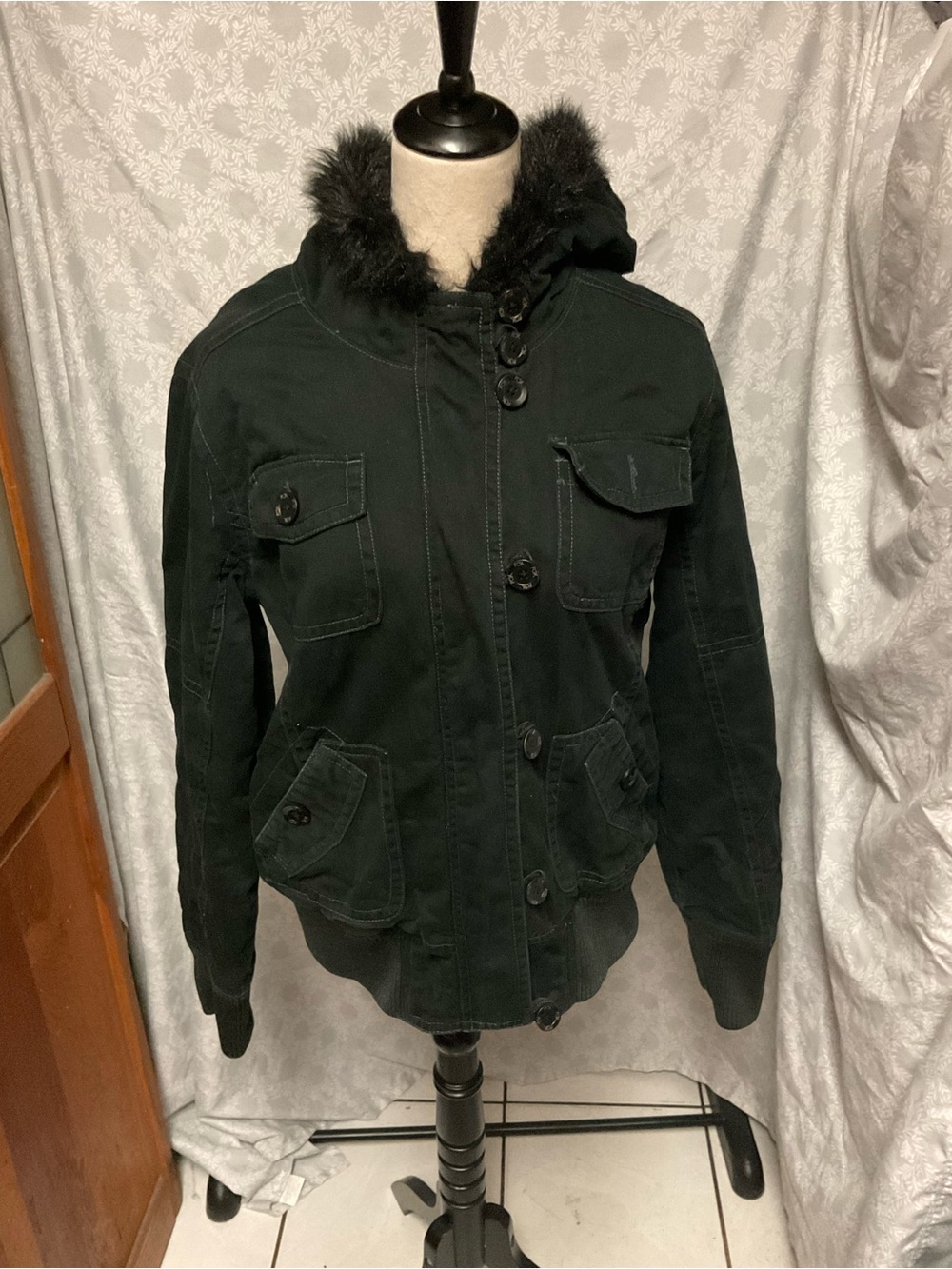 Fox Black Hooded Utility Jacket with Faux Fur Trim